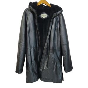 Fitz Wright Leather Coat Womens Large Black Faux Fur Lined Hooded Pockets READ